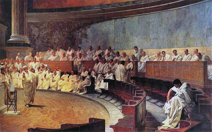 Cicero Denounces Catiline, vintage artwork by Cesare Maccari, 12x8
