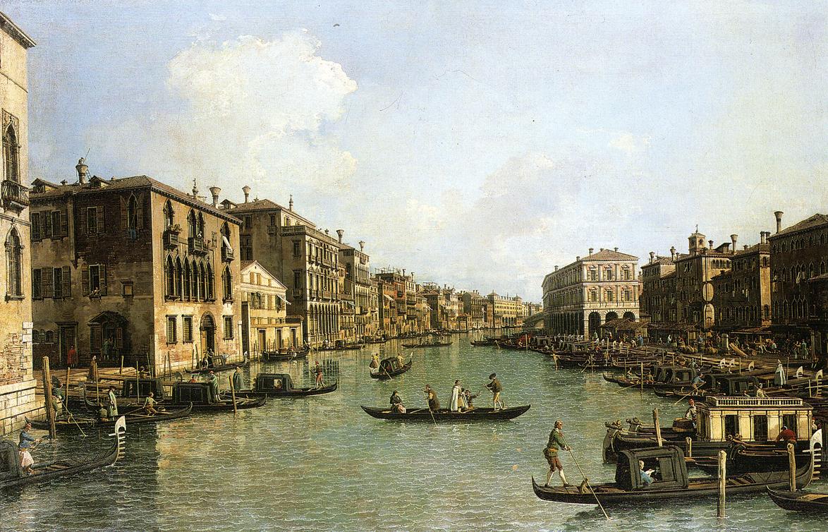 Grand Canal from the Campo Santa Sofia towards the Rialto Bridge, vintage artwork by Canaletto, 12x8" (A4) Poster