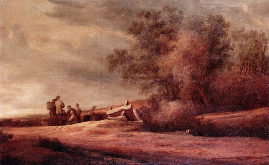 A Dune Landscape with Figures Resting by  a Fance, vintage artwork by Salomon van Ruysdael, 12x8" (A4) Poster
