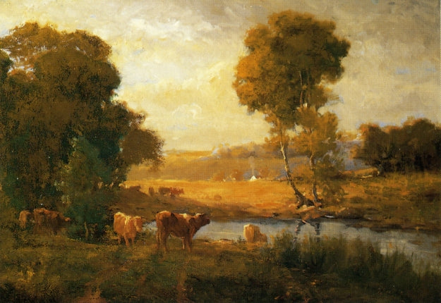 Cows Watering near the Farm, vintage artwork by John Carleton Wiggins, 12x8" (A4) Poster