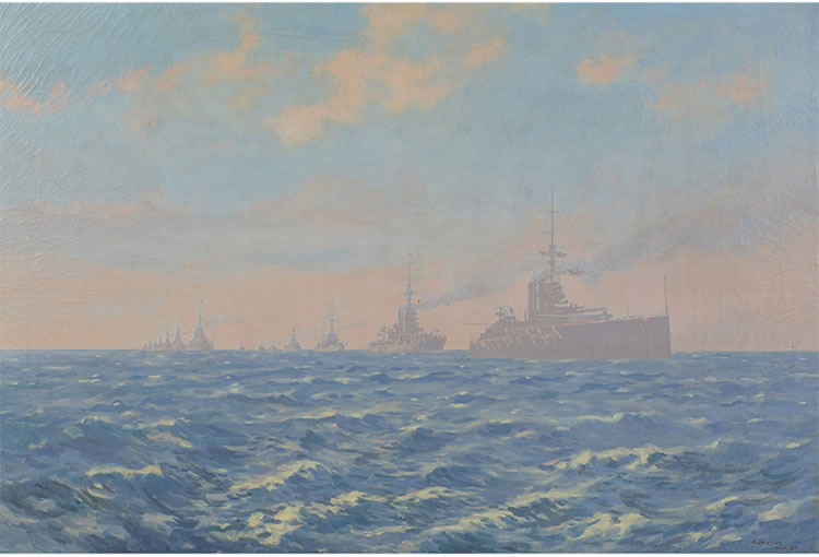 The Home Fleet of England During the War With Germany, 1915, vintage artwork by Alfred Jansson, 12x8" (A4) Poster