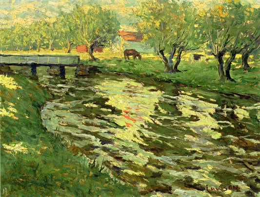 Horses Grazing by  a Stream, vintage artwork by Ernest Lawson, 12x8" (A4) Poster