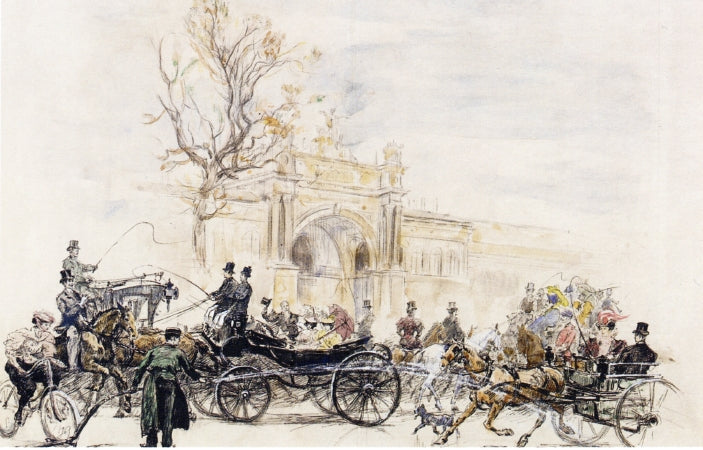 In front of the Palais de L'Industrie, Paris, vintage artwork by Jean-Georges Beraud, 12x8" (A4) Poster