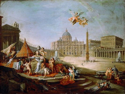 Piazza San Pietro Rome with an Allegory of the Triumph of the Papacy, vintage artwork by Giovanni Paolo Panini, 12x8" (A4) Poster