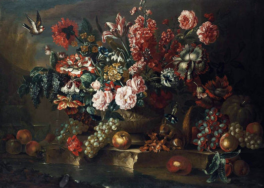 Flowers in Sculpted Urn, vintage artwork by Pieter Casteels, 12x8" (A4) Poster