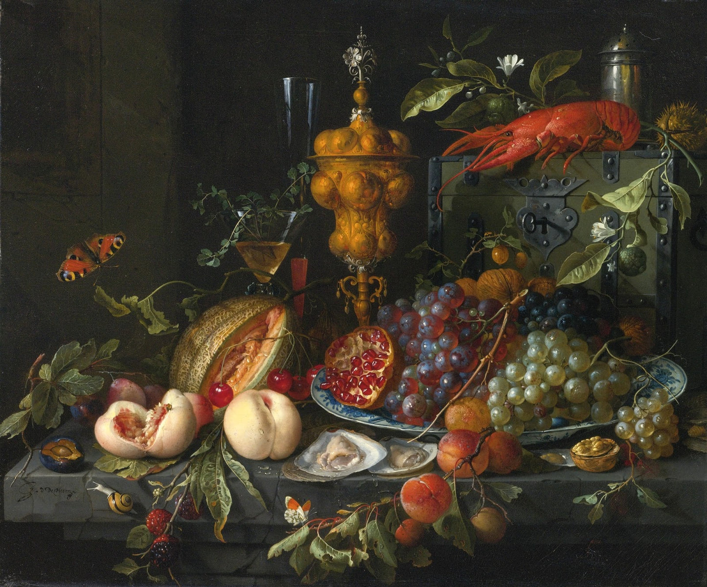 Still Life of Fruits, Nuts, Oysters, a Lobster, Insects and a Snail on a Ledge with Various Vessels, vintage artwork by Jan Davidsz. de Heem, 12x8" (A4) Poster