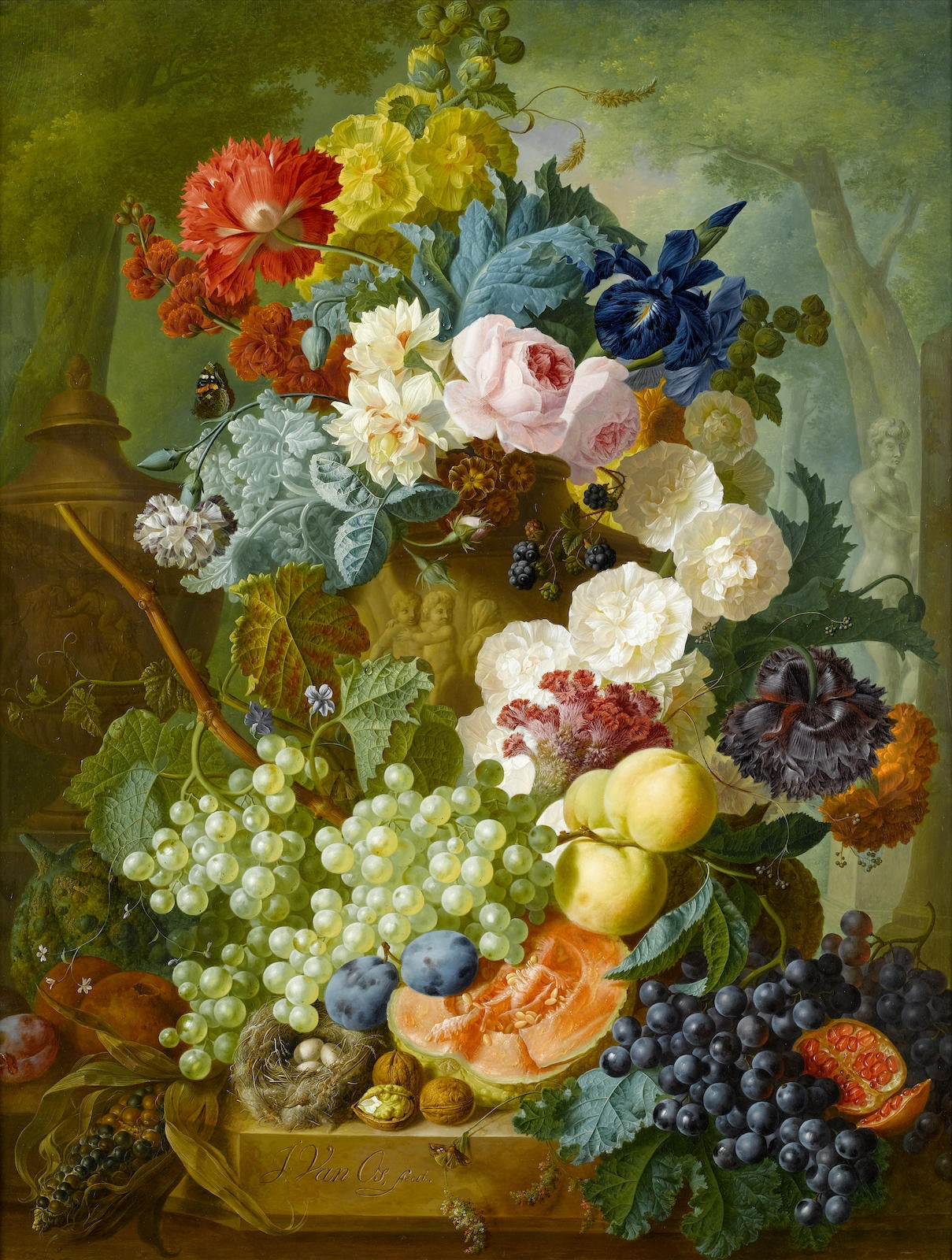 Flowers and fruit on a stone ledge in a park landscape, vintage artwork by Jan van Os, 12x8" (A4) Poster