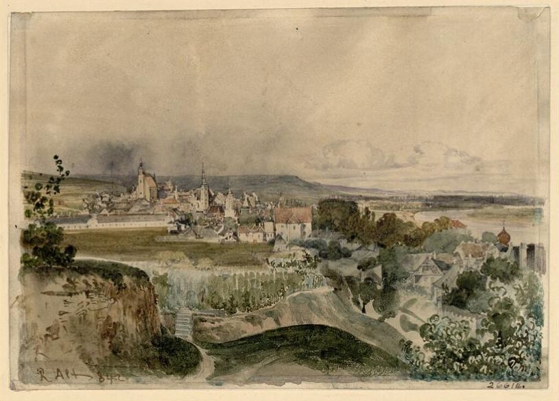 Ansicht von Krems und Stein an der Donau, vintage artwork by Rudolf von Alt, A3 (16x12") Poster Print