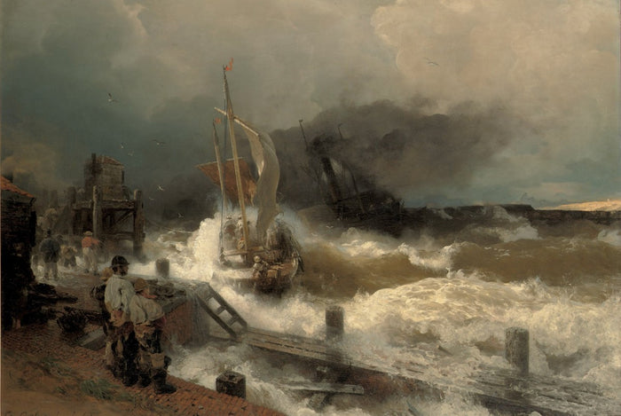 A Fishing Boat and a Steamer in Rough Seas, vintage artwork by Andreas Achenbach, A3 (16x12