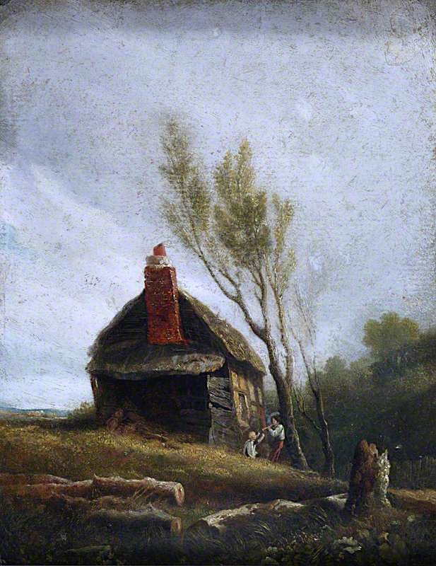 Landscape: A Cottage with Trees and Two Children, vintage artwork by William Mulready, 12x8" (A4) Poster