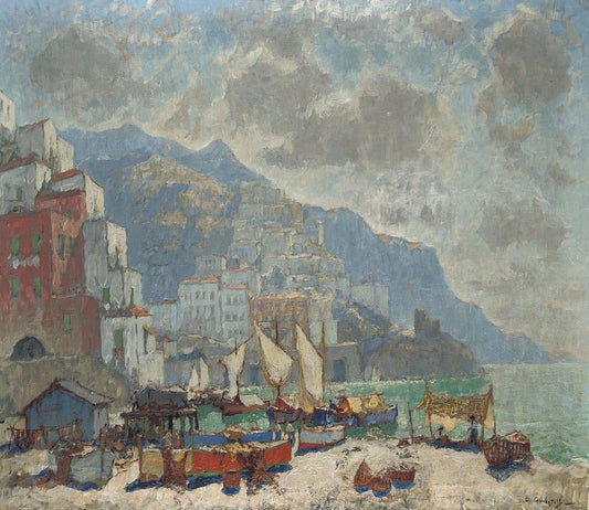 Amalfi in the Morning, vintage artwork by Konstantin Gorbatov, 12x8" (A4) Poster