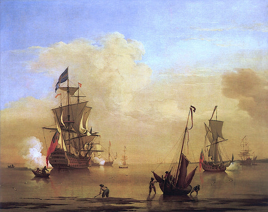 Calm Estuary Scene with a Large Two-Dicker Firing a Single Gun, vintage artwork by Peter Monamy, 12x8" (A4) Poster
