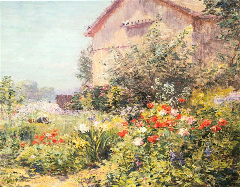 Miss Florence Griswold's Garden, vintage artwork by Frank Alfred Bicknell, 12x8" (A4) Poster