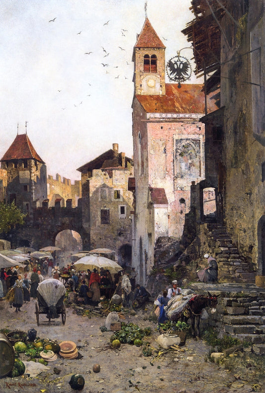 Market in Kollmann (Südtirol), vintage artwork by Robert Russ, 12x8" (A4) Poster