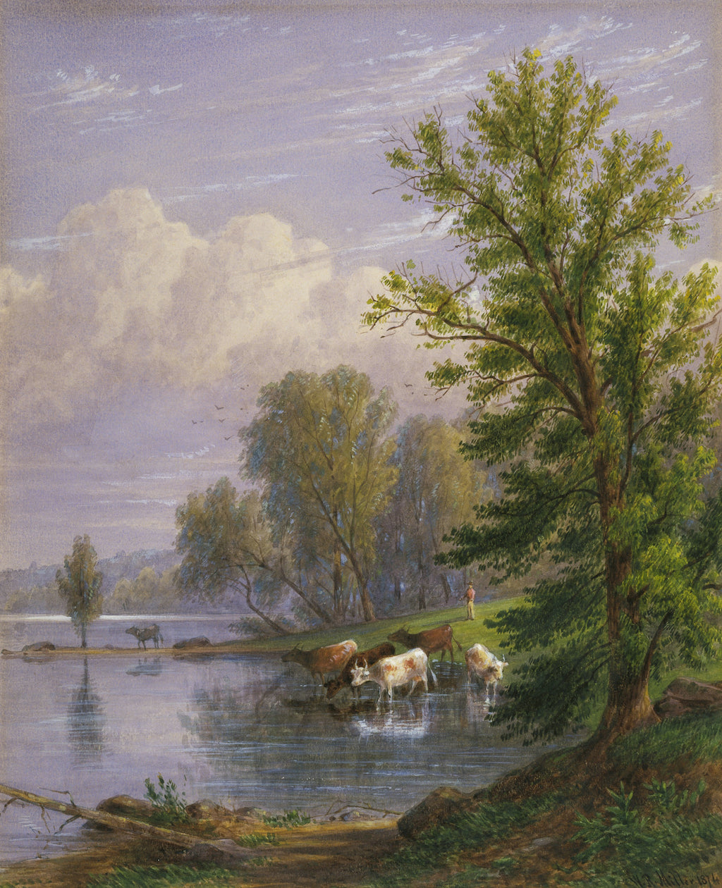 Watering Cows, vintage artwork by William Rickarby  Miller, A3 (16x12") Poster Print