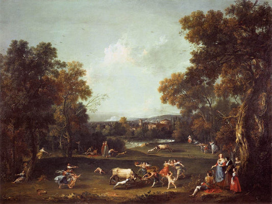 Bull-Hunting, vintage artwork by Francesco Zuccarelli, 12x8" (A4) Poster