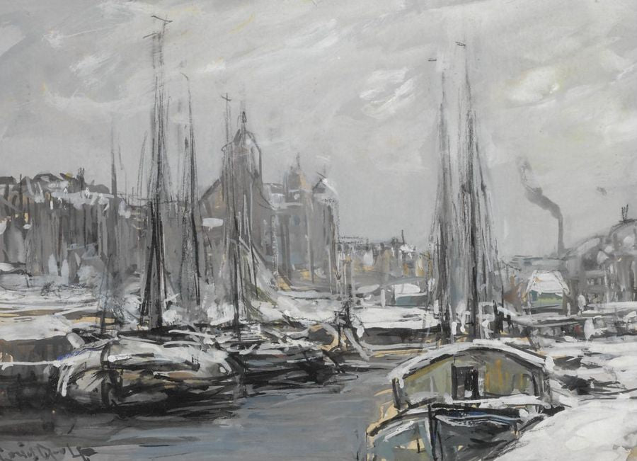 Snow-Covered Boats in Amsterdam, vintage artwork by Louis Apol, 12x8" (A4) Poster