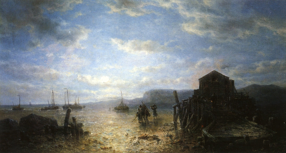 Beached Bomschuiten and Shrimp Fishers by  a Jetty at Low Tide, vintage artwork by Francois Etienne Musin, A3 (16x12") Poster Print