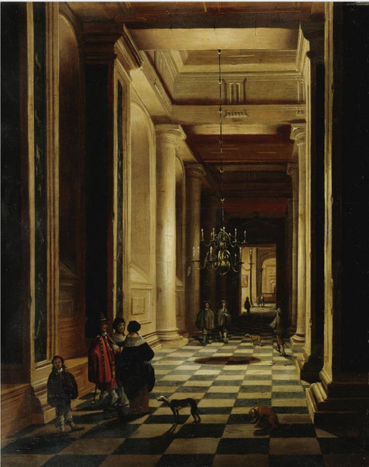 Church Interior with Figures Strolling, vintage artwork by Hendrick van Steenwijck the Younger, 12x8" (A4) Poster