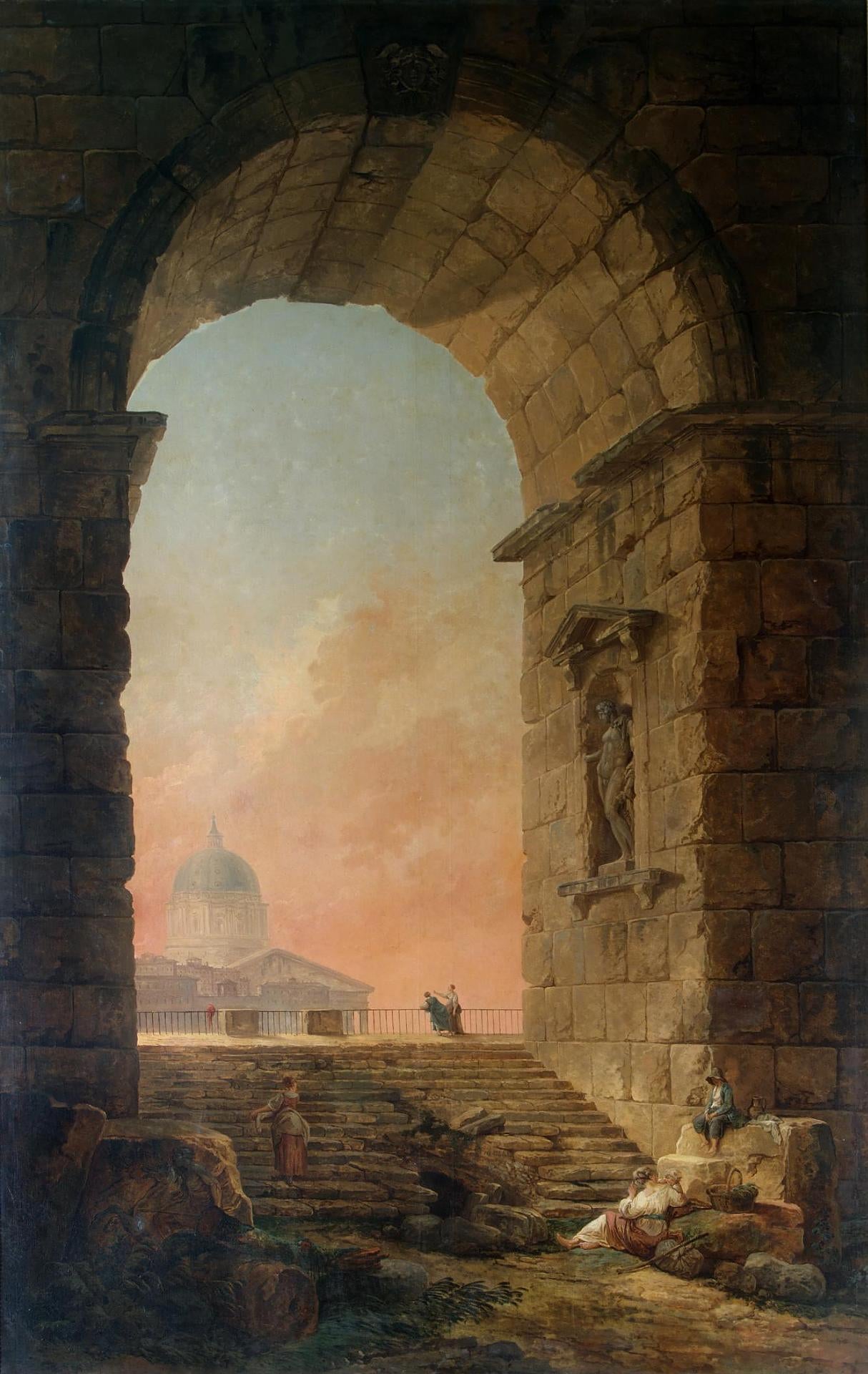 Landscape with an Arch and The Dome of St Peter's in Rome, vintage artwork by Hubert Robert, 12x8" (A4) Poster