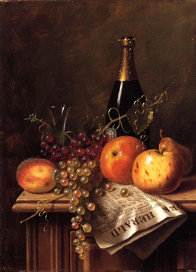 Still Life with Fruit, Champagne Bottle and Newspaper, vintage artwork by William Michael Harnett, 12x8" (A4) Poster
