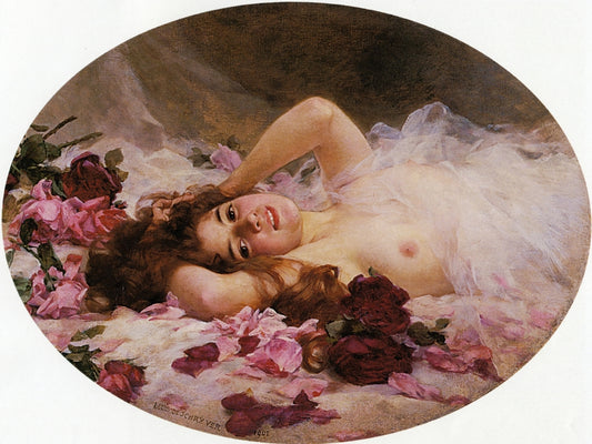 Beauty and Rose Petals, vintage artwork by Louis Marie de Schryver, 12x8" (A4) Poster