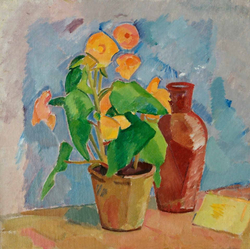 Still Life with Yellow Begonia and Brown Jug, vintage artwork by Karl Isakson, 12x8" (A4) Poster