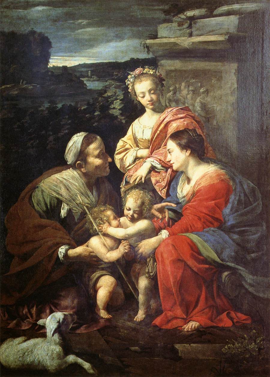 The Holy Family with Sts Elizabeth, John the Baptist and Catherine, vintage artwork by Simon Vouet, 12x8" (A4) Poster