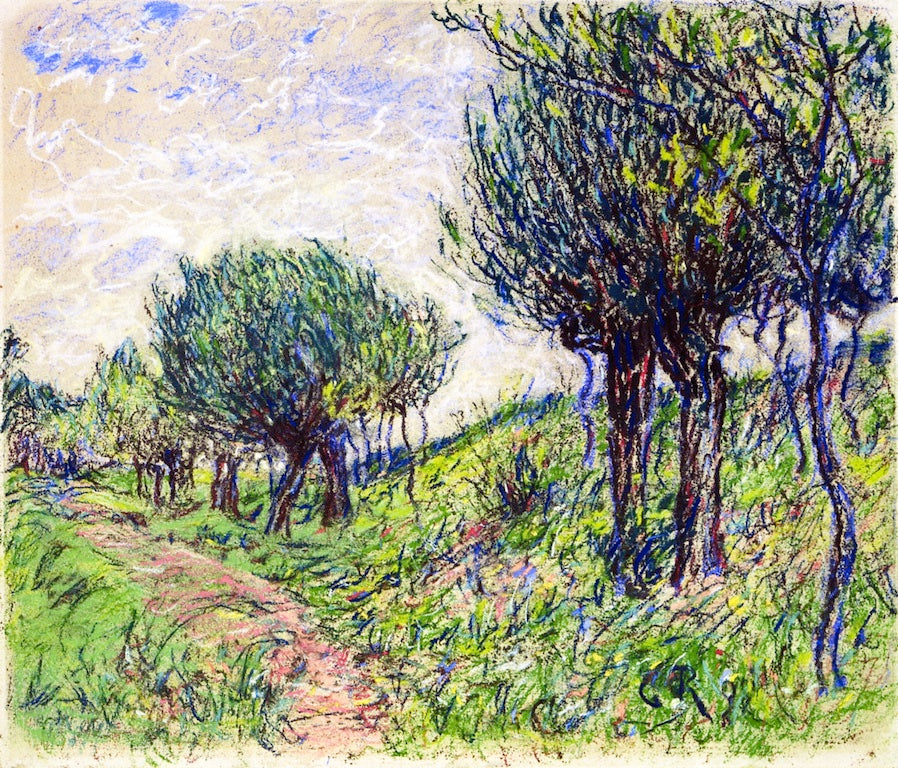 Hügelige Landschaft mit Bäumen und Weg, vintage artwork by Christian Rohlfs, 12x8" (A4) Poster