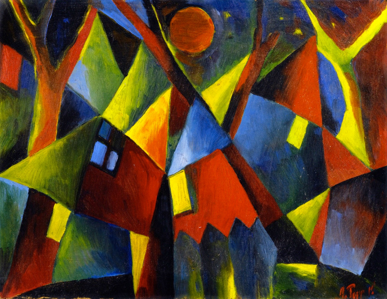 Yellow Moon over Tumbling Houses, vintage artwork by Arnold Topp, 12x8" (A4) Poster