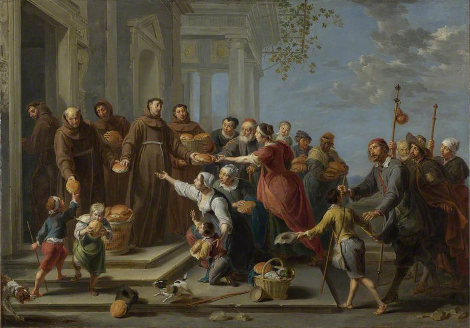 Saint Anthony of Padua (?) Distributing Bread, vintage artwork by Willem van Herp the Elder, 12x8" (A4) Poster
