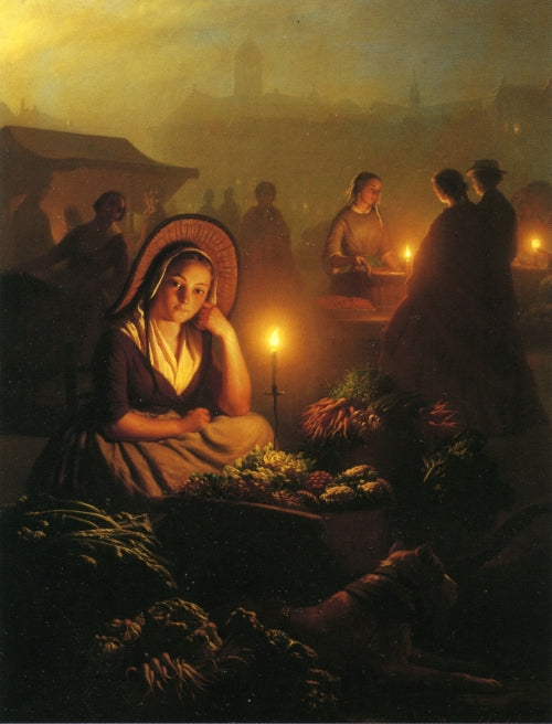 A Young Girl Selling Vegetables at the Night Market, with the Dam Palace and the Nieuwe Kerk in the Distance, Amsterdam, vintage artwork by Petrus van Schendel, A3 (16x12") Poster Print