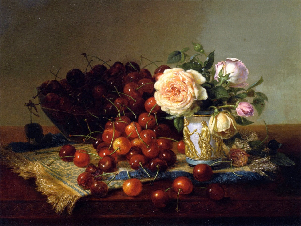 Still Life with Roses and Cherries, vintage artwork by Robert Spear Dunning, 12x8" (A4) Poster