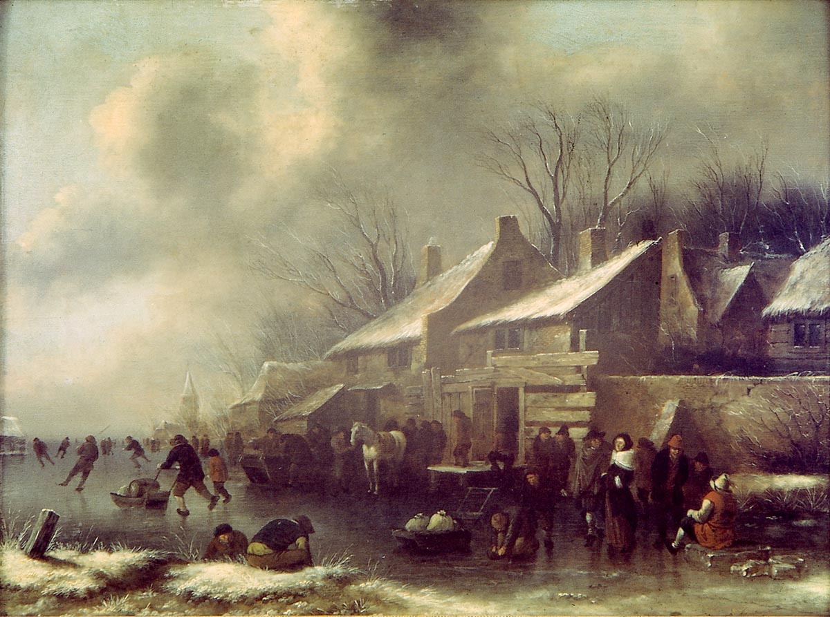 Skaters on a Lake, vintage artwork by Klaes Molenaer, 12x8" (A4) Poster