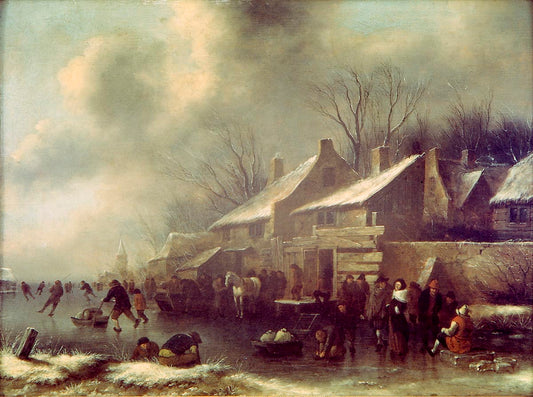 Skaters on a Lake, vintage artwork by Klaes Molenaer, 12x8" (A4) Poster