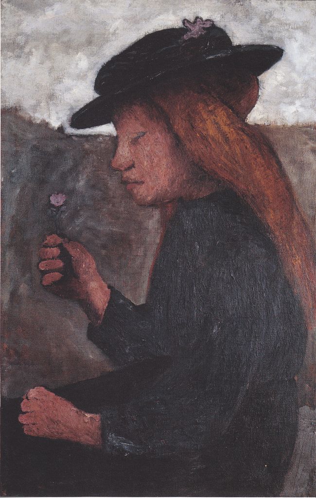 Seated girl with black hat and flower in her hand, vintage artwork by Paula Modersohn-Becker, 12x8" (A4) Poster