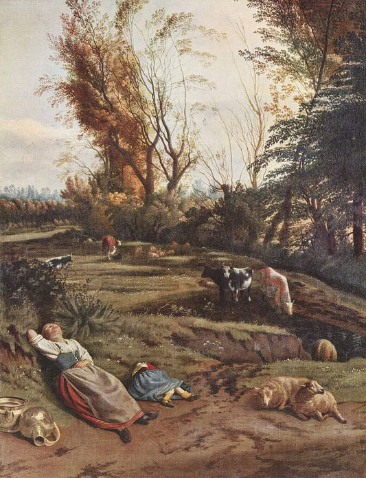 Meadow with Two Sleeping Female Shepherds, vintage artwork by Jan Siberechts, 12x8" (A4) Poster
