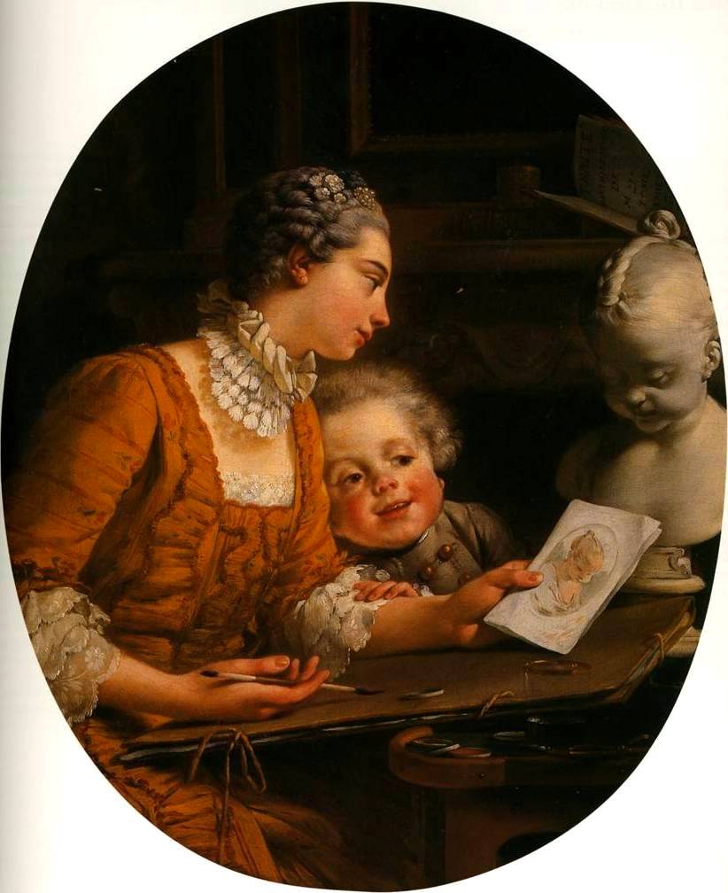 Geneviève Lory and her Son Jean-Noël, vintage artwork by Noel Halle, 12x8" (A4) Poster