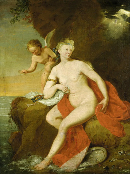 Newly Born Venus Cared for by  Cupid, vintage artwork by Godfried Schalcken, 12x8" (A4) Poster