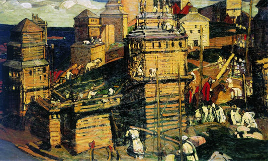 Building a Town, vintage artwork by Nicholas Roerich, 12x8" (A4) Poster