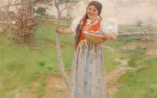 A peasant woman with a basket with Easter eggs, vintage artwork by Josef Douba, 12x8" (A4) Poster