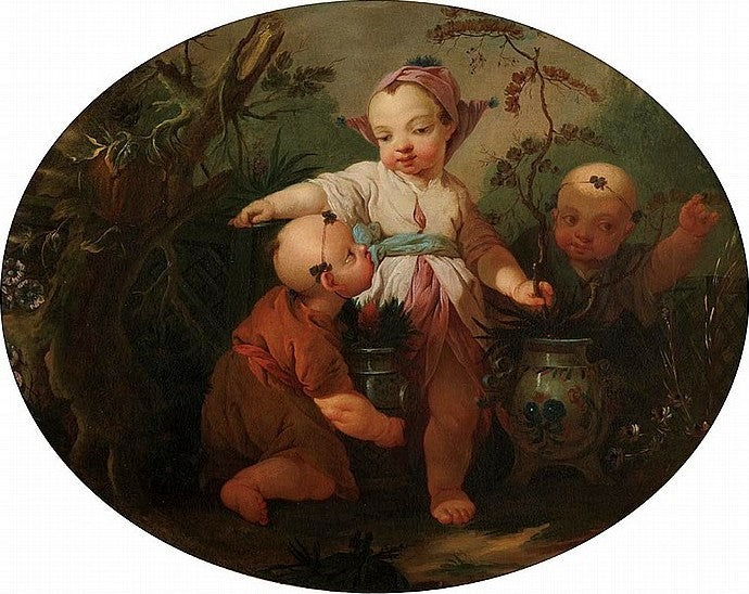 Chinoiserie - Children with Potted Plants, vintage artwork by Hugues Taraval, 12x8" (A4) Poster