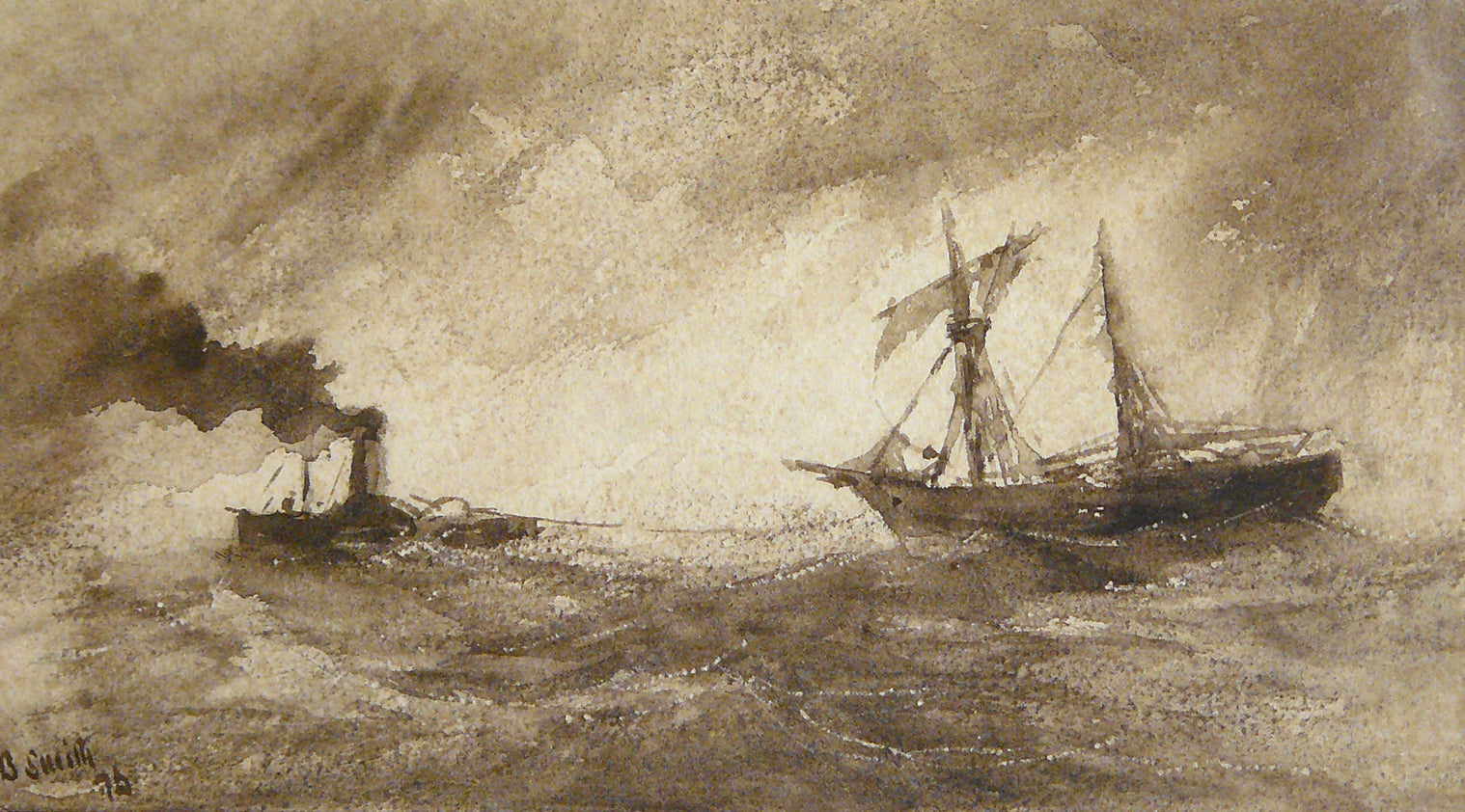 Steam tug towing cutter, vintage artwork by William Boase Smith, 12x8" (A4) Poster