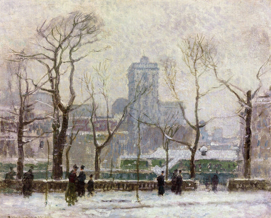 Winter Bryant Park, vintage artwork by Paul Cornoyer, 12x8" (A4) Poster