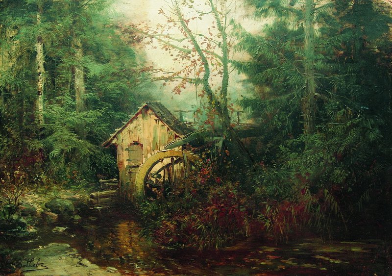 Forest Landscape with a Watermill, vintage artwork by Efim Efimovich Volkov, 12x8" (A4) Poster
