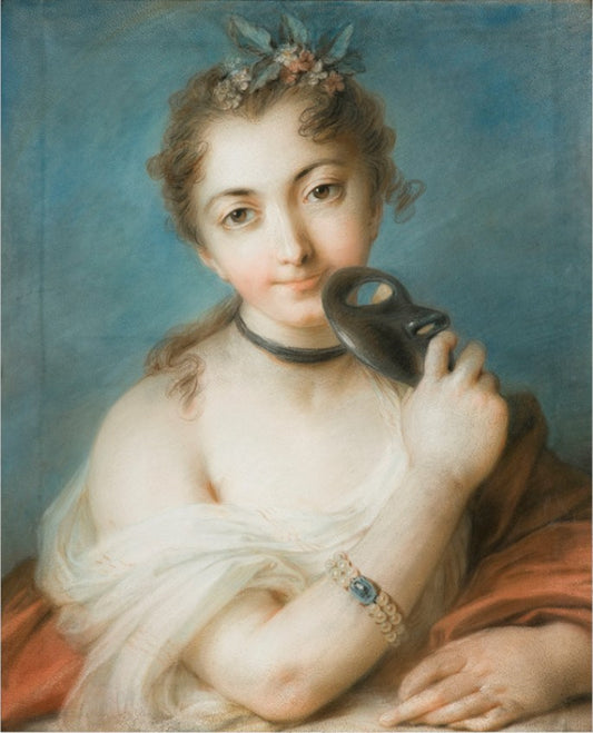 Portrait of a woman with mask, vintage artwork by Rosalba Carriera, 12x8" (A4) Poster