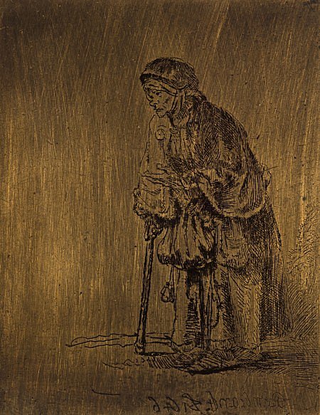 Beggar Woman leaning on a Stick, vintage artwork by Rembrandt van Rijn, 12x8" (A4) Poster