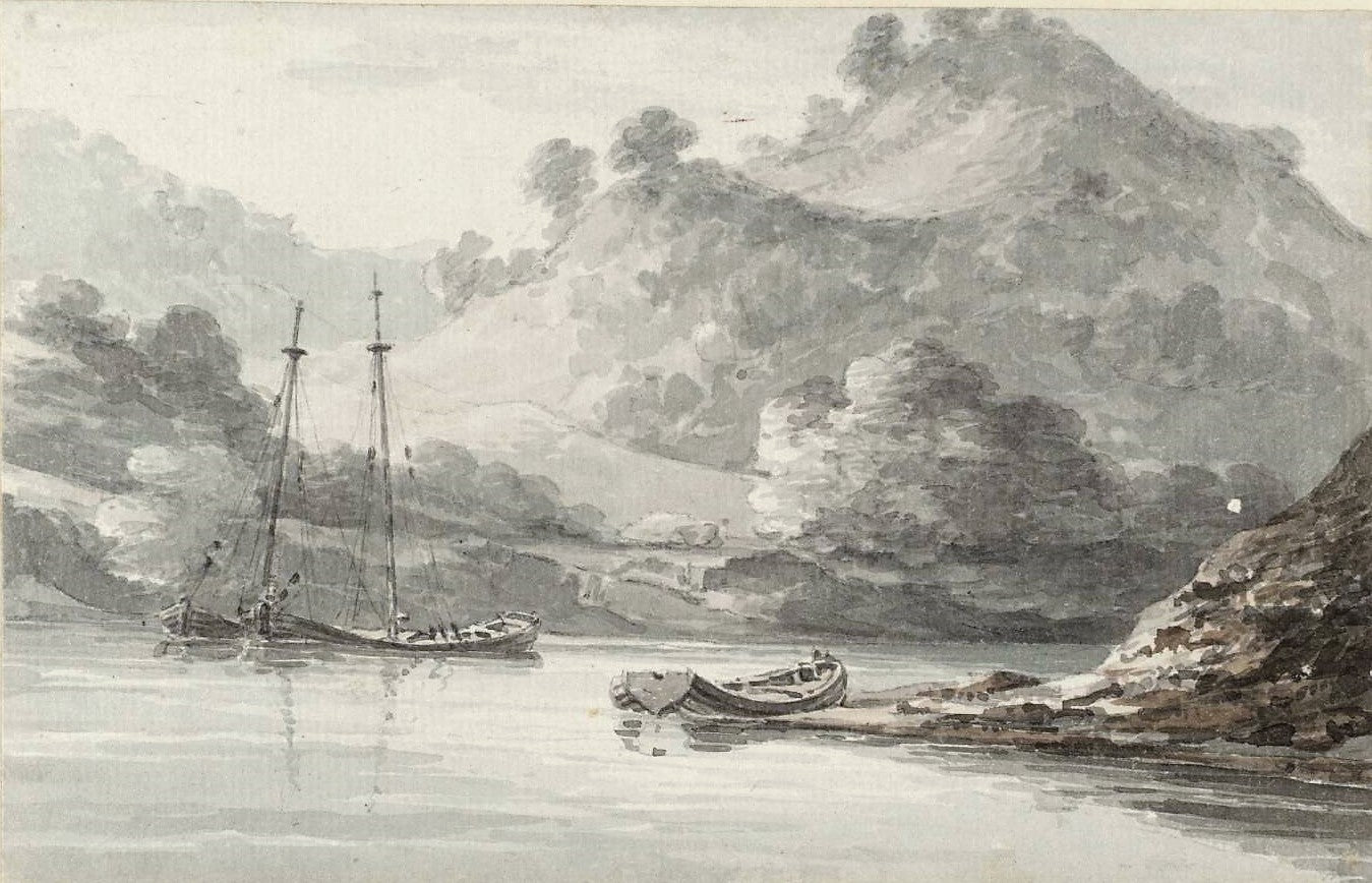 Hills, Ships and River, vintage artwork by Thomas Hearne, 12x8" (A4) Poster