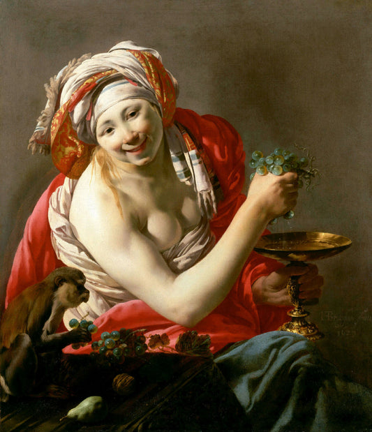Bacchante and Ape, vintage artwork by Hendrick Terbrugghen, 12x8" (A4) Poster
