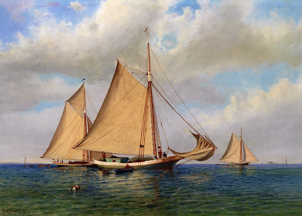 Three Gaff Rigged Sloops in a Bay, vintage artwork by Francis A. Silva, 12x8" (A4) Poster